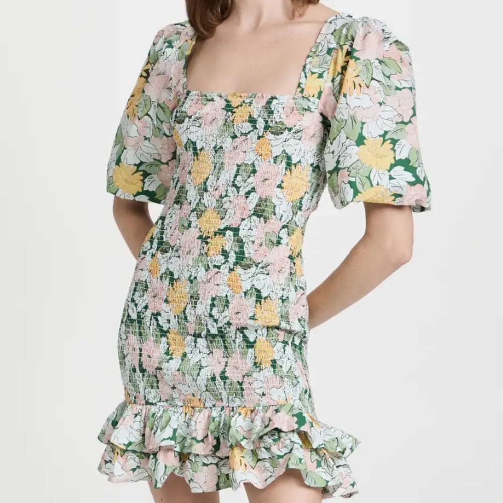 $395 BYTIMO Festive Dandelion Floral Ruffle Puff Sleeve Dress